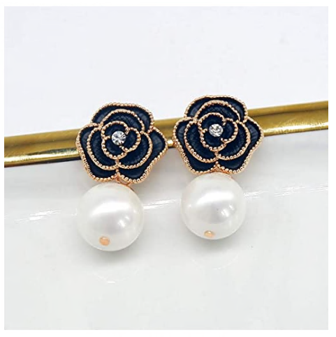 Fashion jewelry designer imitation pearl camellia charm dangle earrings for women (MISASHA black)