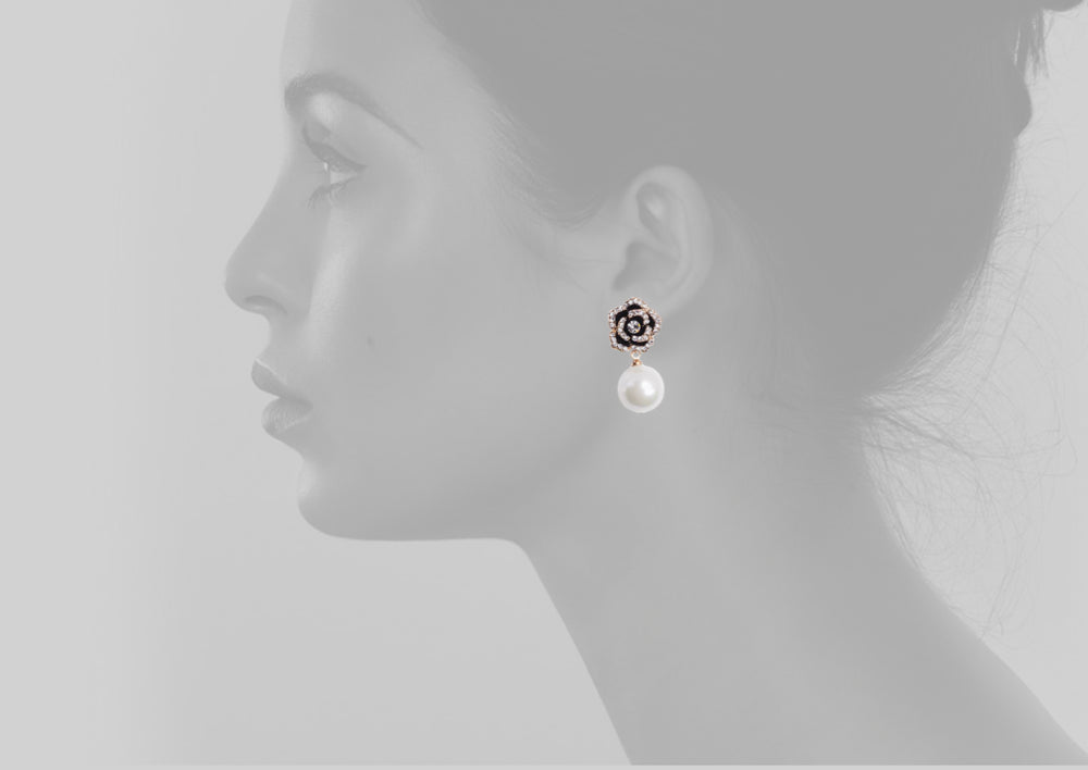 Fashion jewelry designer imitation pearl camellia flower charm dangle earrings for women