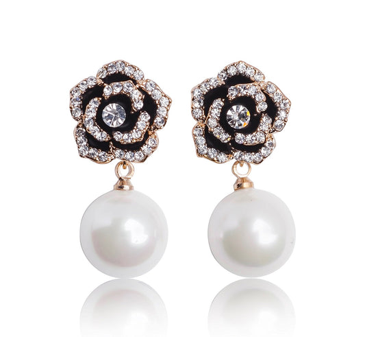 Fashion jewelry designer imitation pearl camellia flower charm dangle earrings for women